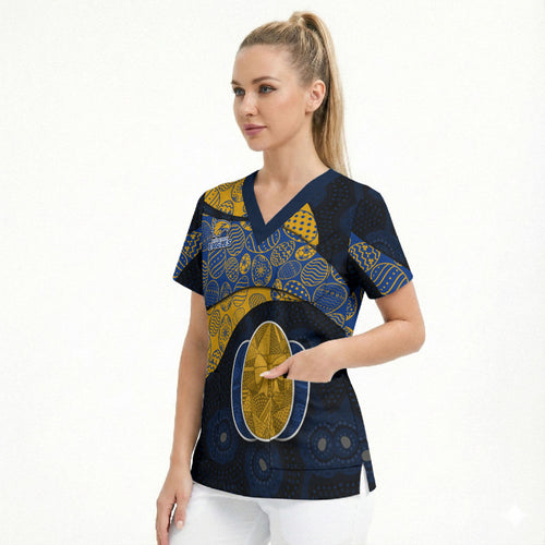 Personalized West Coast Eagles Football Scrub Top Easter Egg Pattern Blue Gold Tribal Dot Art Style