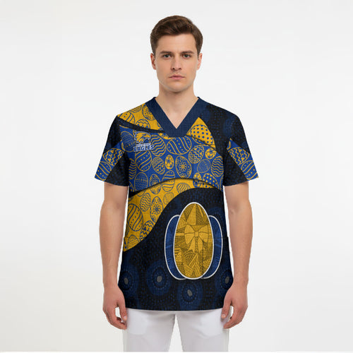 Personalized West Coast Eagles Football Scrub Top Easter Egg Pattern Blue Gold Tribal Dot Art Style