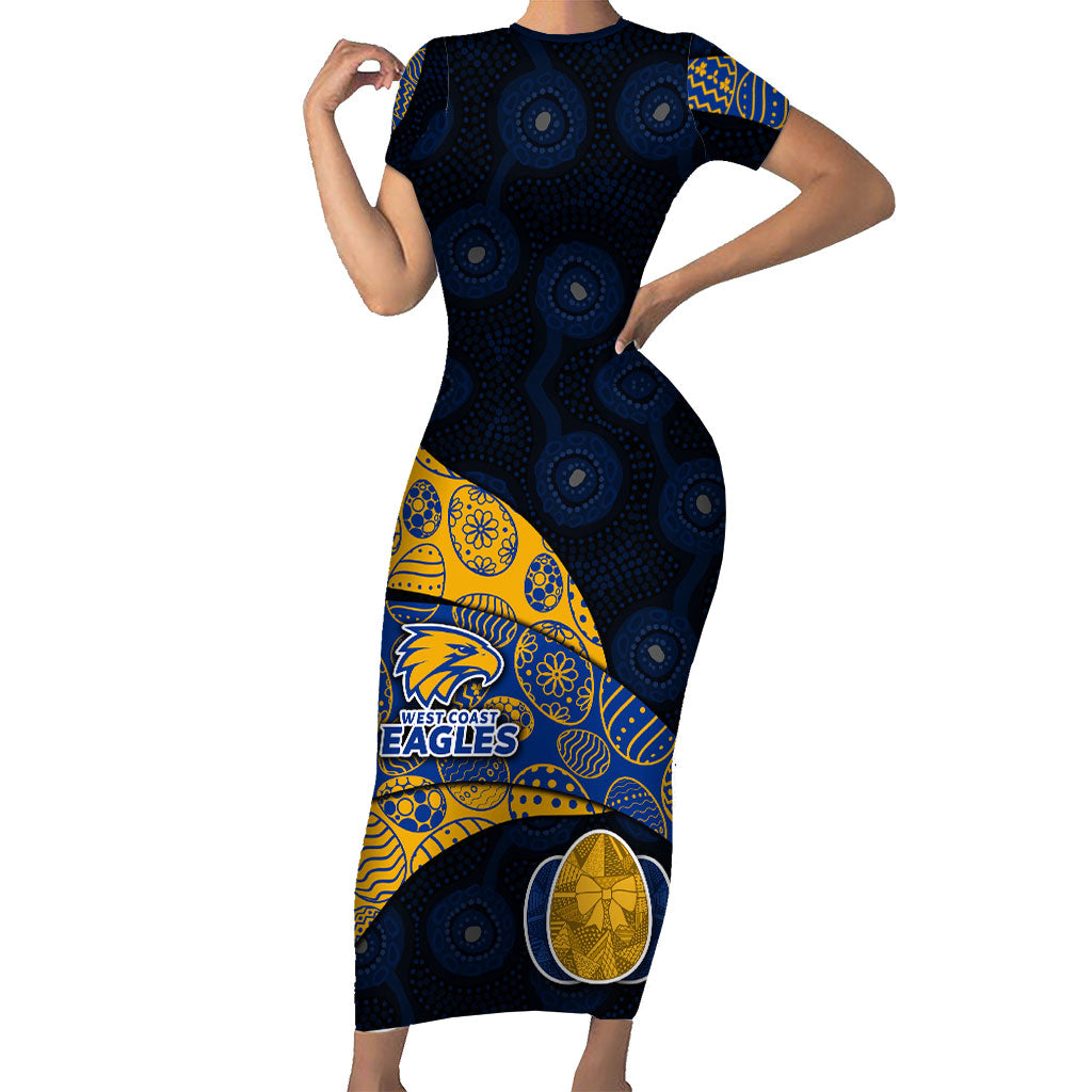 Personalized West Coast Eagles Football Short Sleeve Bodycon Dress Easter Egg Pattern Blue Gold Tribal Dot Art Style