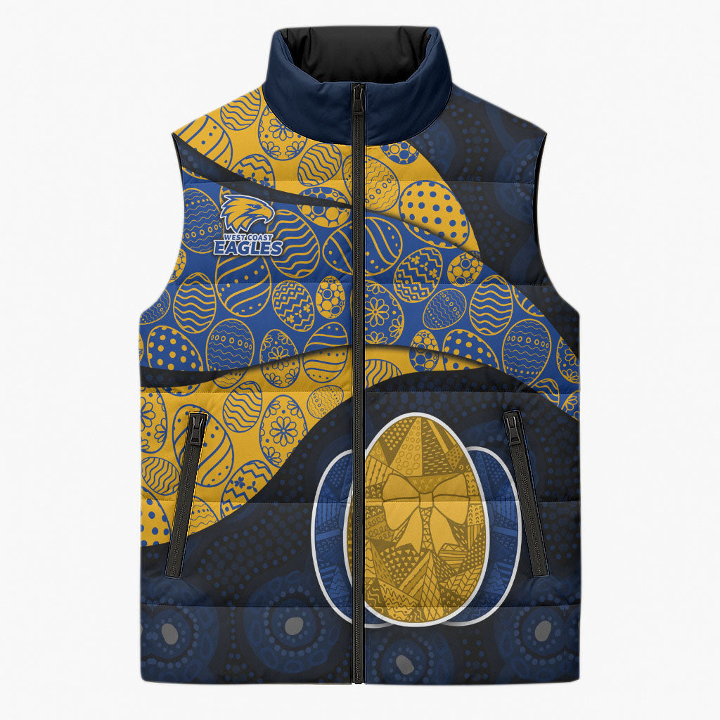 Personalized West Coast Eagles Football Sleeveless Puffer Jacket Easter Egg Pattern Blue Gold Tribal Dot Art Style