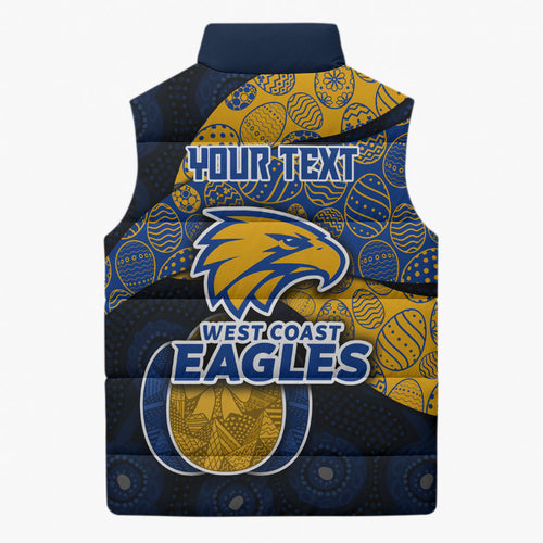 Personalized West Coast Eagles Football Sleeveless Puffer Jacket Easter Egg Pattern Blue Gold Tribal Dot Art Style
