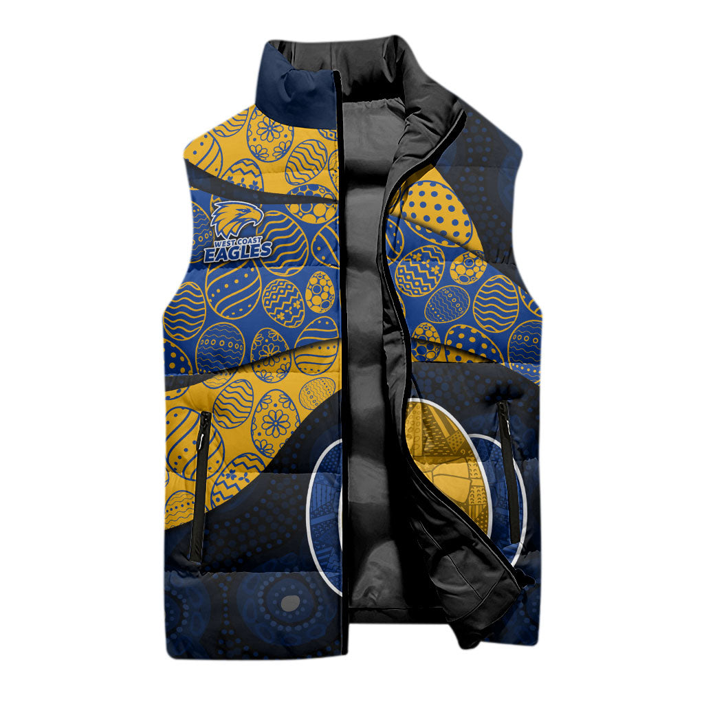 Personalized West Coast Eagles Football Sleeveless Puffer Jacket Easter Egg Pattern Blue Gold Tribal Dot Art Style
