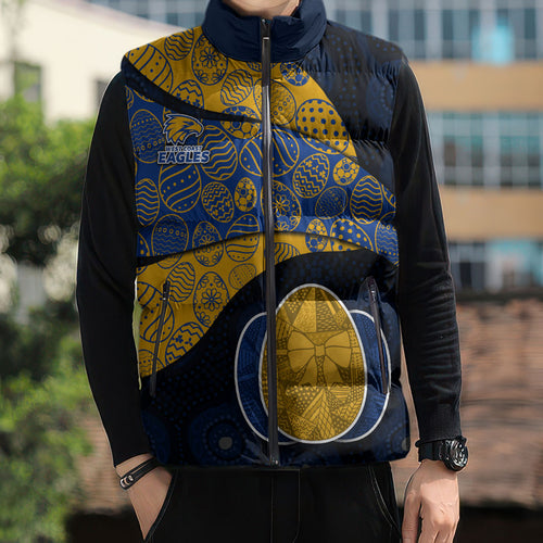 Personalized West Coast Eagles Football Sleeveless Puffer Jacket Easter Egg Pattern Blue Gold Tribal Dot Art Style