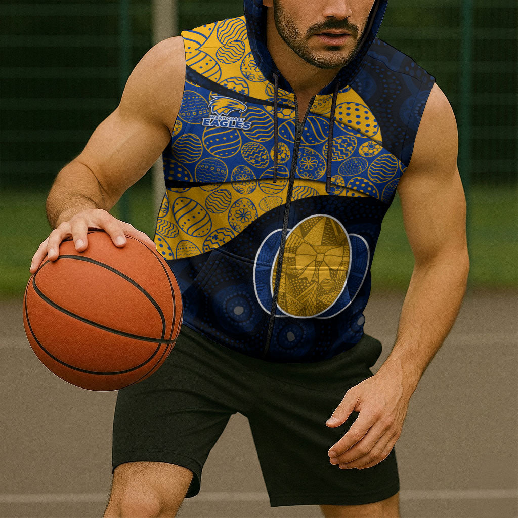 Personalized West Coast Eagles Football Sleeveless Zip Hoodie Easter Egg Pattern Blue Gold Tribal Dot Art Style