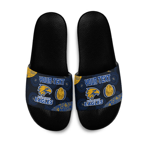 Personalized West Coast Eagles Football Slide Sandals Easter Egg Pattern Blue Gold Tribal Dot Art Style