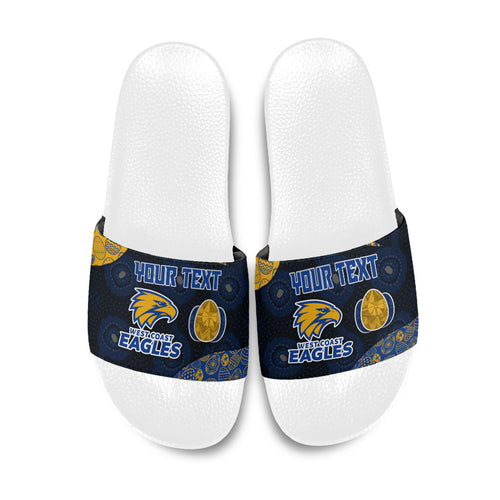 Personalized West Coast Eagles Football Slide Sandals Easter Egg Pattern Blue Gold Tribal Dot Art Style