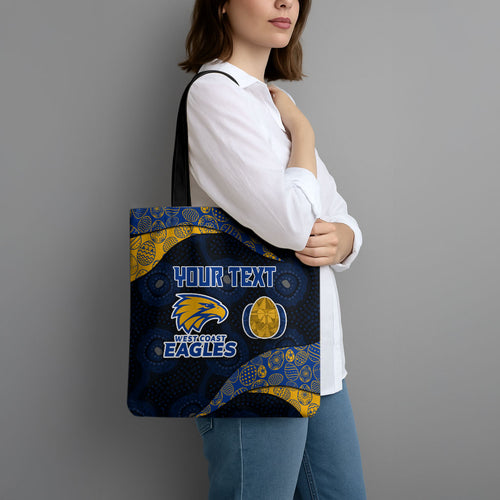 Personalized West Coast Eagles Football Tote Bag Easter Egg Pattern Blue Gold Tribal Dot Art Style