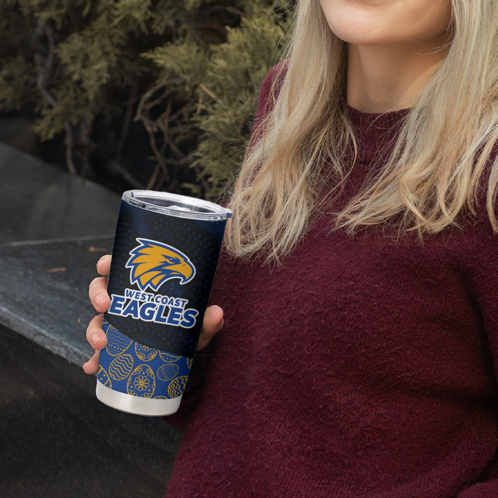 Personalized West Coast Eagles Football Tumbler Cup Easter Egg Pattern Blue Gold Tribal Dot Art Style