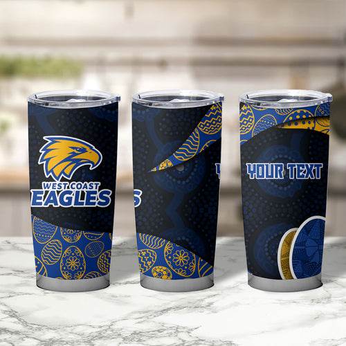 Personalized West Coast Eagles Football Tumbler Cup Easter Egg Pattern Blue Gold Tribal Dot Art Style