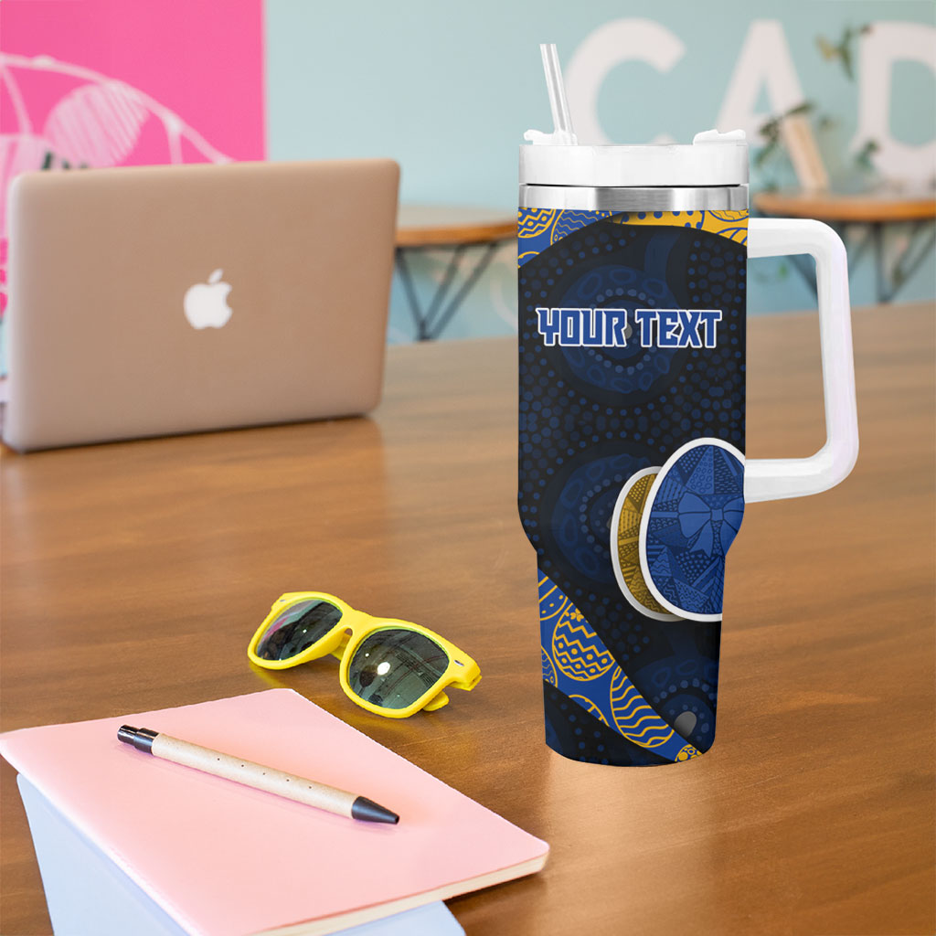 Personalized West Coast Eagles Football Tumbler With Handle Easter Egg Pattern Blue Gold Tribal Dot Art Style