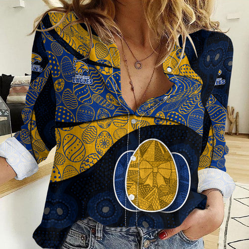 Personalized West Coast Eagles Football Women Casual Shirt Easter Egg Pattern Blue Gold Tribal Dot Art Style