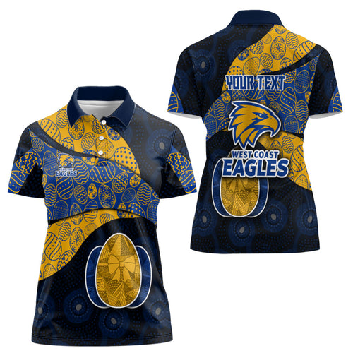 Personalized West Coast Eagles Football Women Polo Shirt Easter Egg Pattern Blue Gold Tribal Dot Art Style