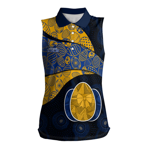 Personalized West Coast Eagles Football Women Sleeveless Polo Shirt Easter Egg Pattern Blue Gold Tribal Dot Art Style