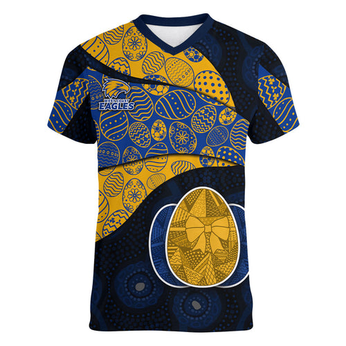 Personalized West Coast Eagles Football Women V-Neck T-Shirt Easter Egg Pattern Blue Gold Tribal Dot Art Style