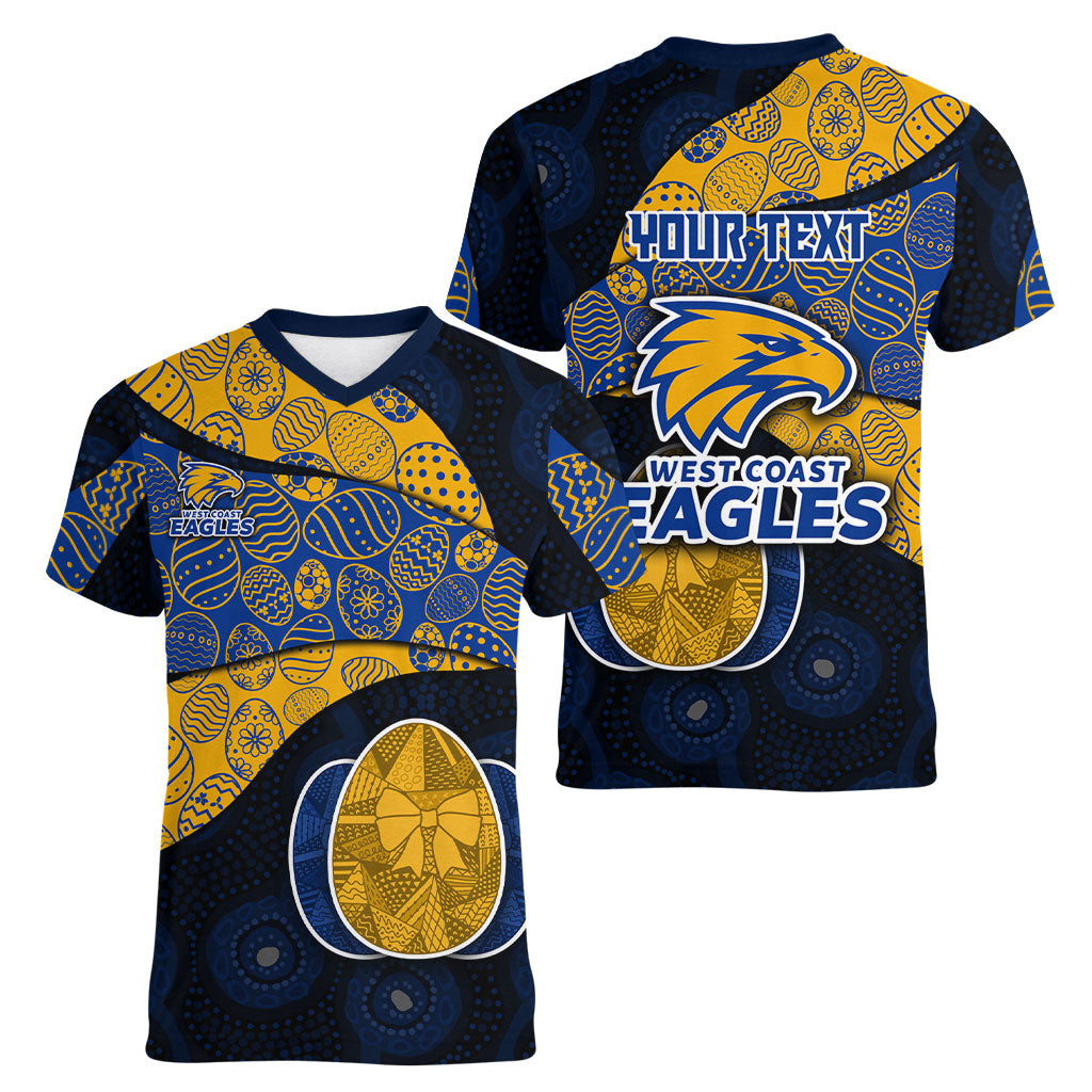 Personalized West Coast Eagles Football Women V-Neck T-Shirt Easter Egg Pattern Blue Gold Tribal Dot Art Style