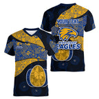 Personalized West Coast Eagles Football Women V-Neck T-Shirt Easter Egg Pattern Blue Gold Tribal Dot Art Style