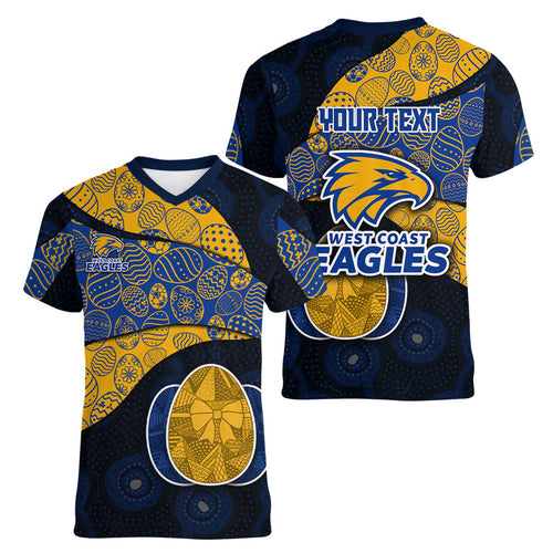 Personalized West Coast Eagles Football Women V-Neck T-Shirt Easter Egg Pattern Blue Gold Tribal Dot Art Style