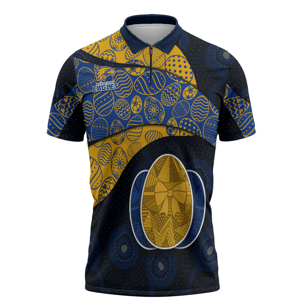 Personalized West Coast Eagles Football Zipper Polo Shirt Easter Egg Pattern Blue Gold Tribal Dot Art Style