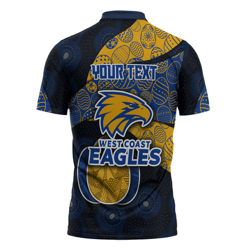Personalized West Coast Eagles Football Zipper Polo Shirt Easter Egg Pattern Blue Gold Tribal Dot Art Style