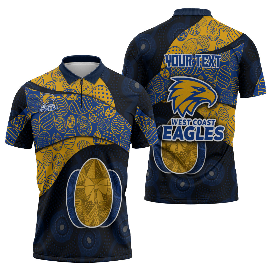 Personalized West Coast Eagles Football Zipper Polo Shirt Easter Egg Pattern Blue Gold Tribal Dot Art Style