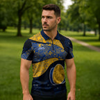 Personalized West Coast Eagles Football Zipper Polo Shirt Easter Egg Pattern Blue Gold Tribal Dot Art Style