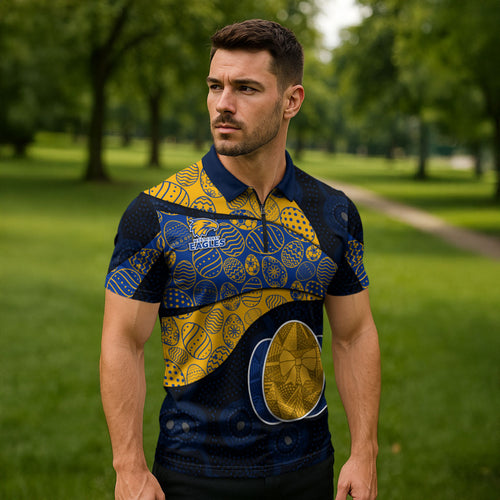 Personalized West Coast Eagles Football Zipper Polo Shirt Easter Egg Pattern Blue Gold Tribal Dot Art Style