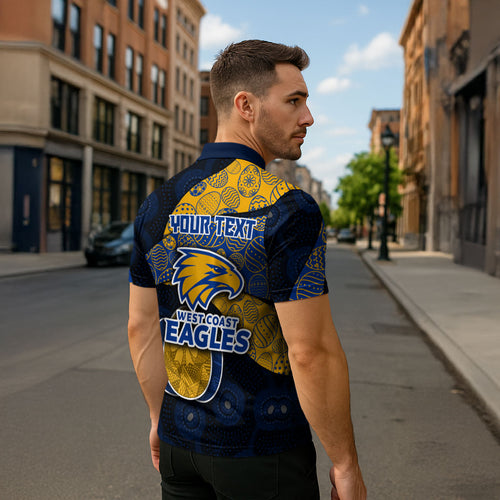 Personalized West Coast Eagles Football Zipper Polo Shirt Easter Egg Pattern Blue Gold Tribal Dot Art Style