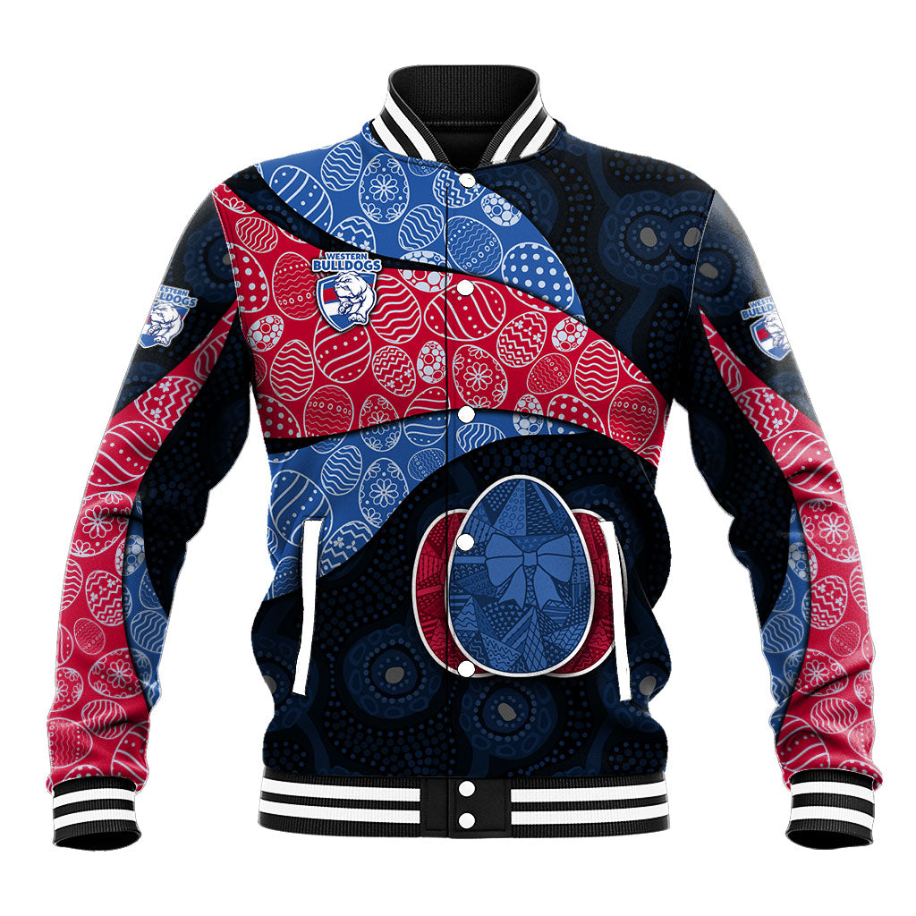 Personalized Western Bulldogs Football Baseball Jacket Easter Egg Pattern Red Blue Tribal Dot Art Style
