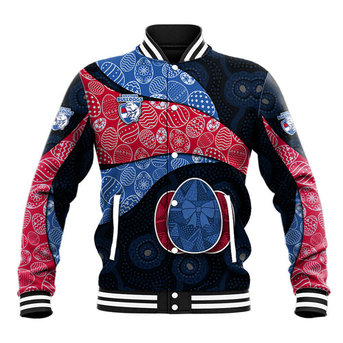 Personalized Western Bulldogs Football Baseball Jacket Easter Egg Pattern Red Blue Tribal Dot Art Style