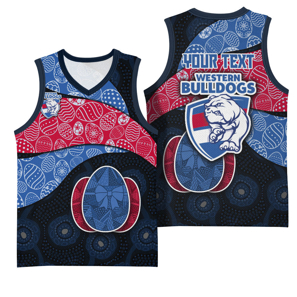 Personalized Western Bulldogs Football Basketball Jersey Easter Egg Pattern Red Blue Tribal Dot Art Style