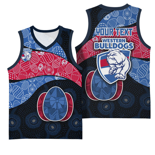 Personalized Western Bulldogs Football Basketball Jersey Easter Egg Pattern Red Blue Tribal Dot Art Style