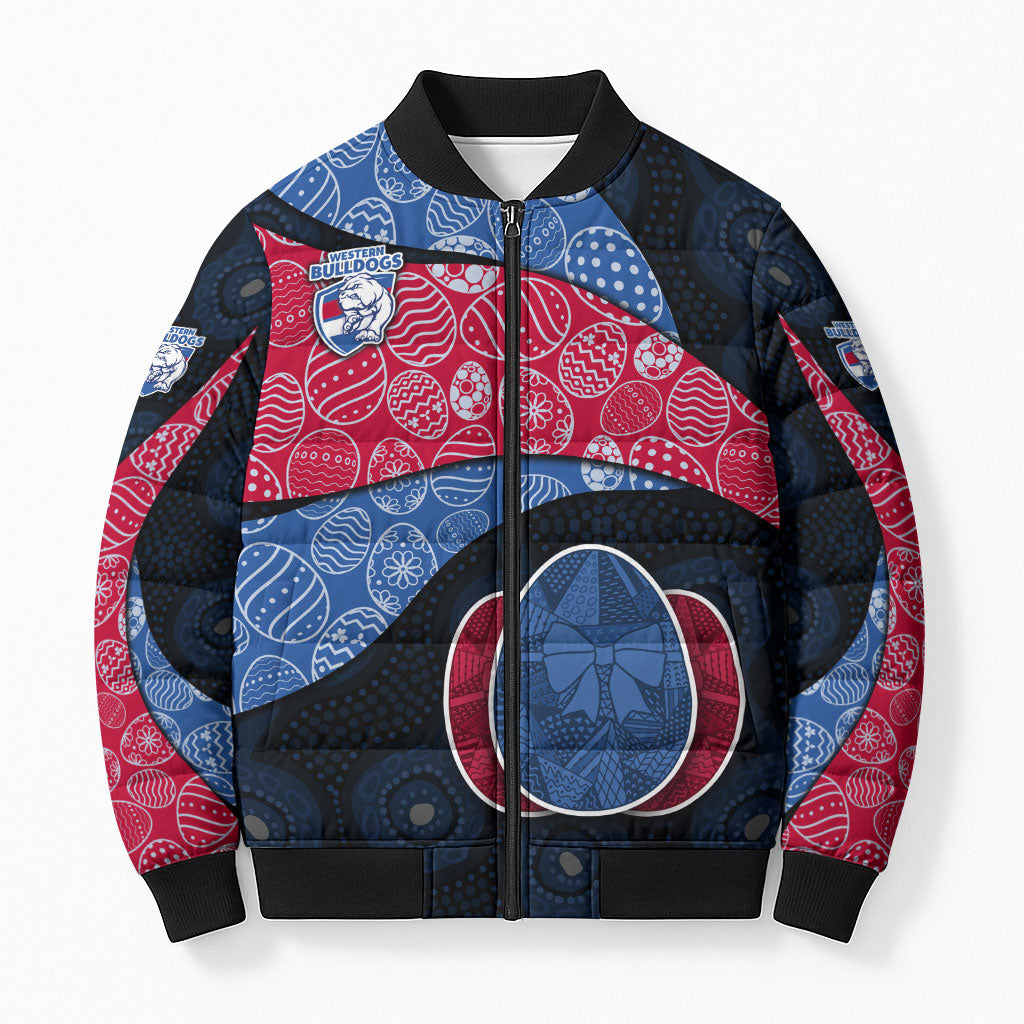 Personalized Western Bulldogs Football Bomber Puffer Jacket Easter Egg Pattern Red Blue Tribal Dot Art Style