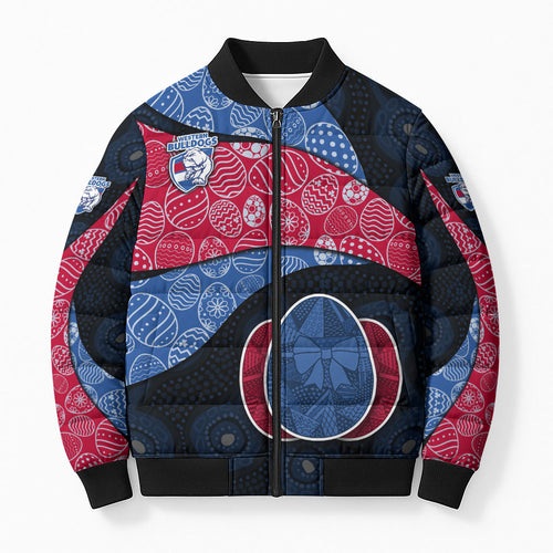 Personalized Western Bulldogs Football Bomber Puffer Jacket Easter Egg Pattern Red Blue Tribal Dot Art Style