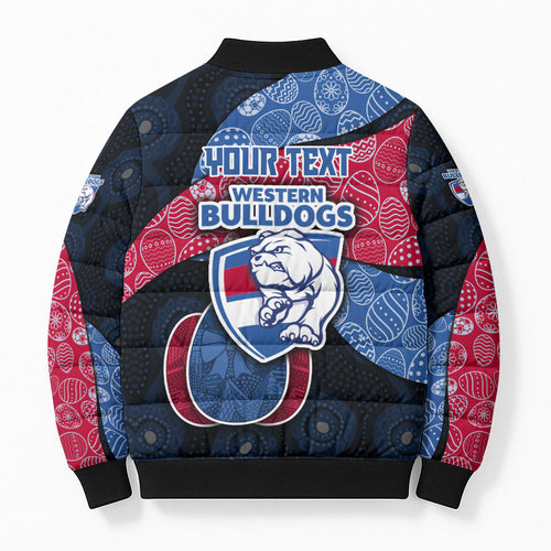 Personalized Western Bulldogs Football Bomber Puffer Jacket Easter Egg Pattern Red Blue Tribal Dot Art Style