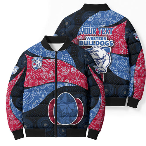 Personalized Western Bulldogs Football Bomber Puffer Jacket Easter Egg Pattern Red Blue Tribal Dot Art Style