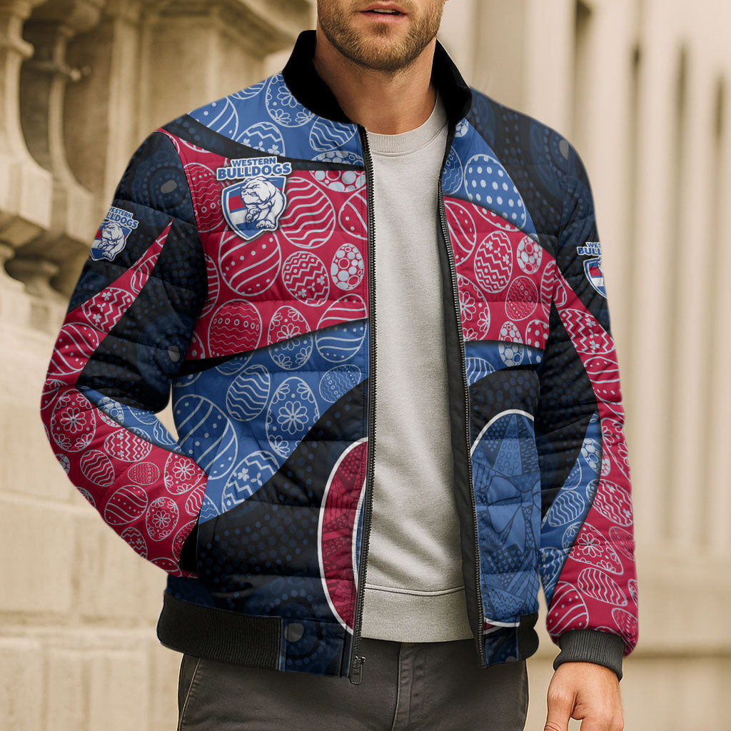 Personalized Western Bulldogs Football Bomber Puffer Jacket Easter Egg Pattern Red Blue Tribal Dot Art Style