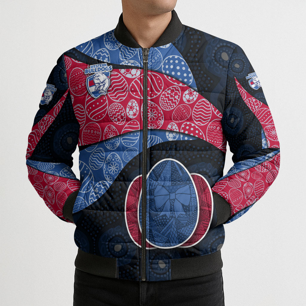 Personalized Western Bulldogs Football Bomber Puffer Jacket Easter Egg Pattern Red Blue Tribal Dot Art Style