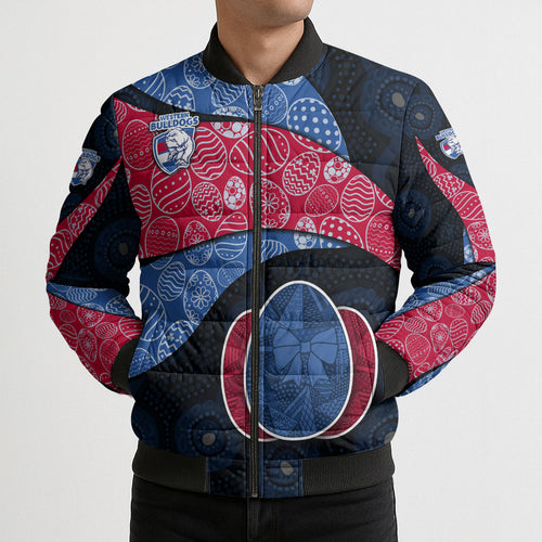 Personalized Western Bulldogs Football Bomber Puffer Jacket Easter Egg Pattern Red Blue Tribal Dot Art Style
