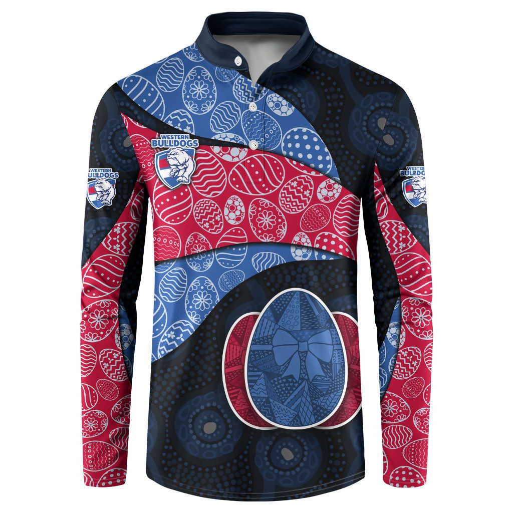 Personalized Western Bulldogs Football Button Sweatshirt Easter Egg Pattern Red Blue Tribal Dot Art Style