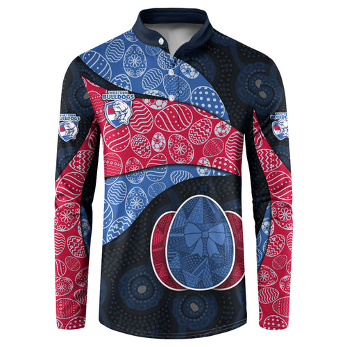 Personalized Western Bulldogs Football Button Sweatshirt Easter Egg Pattern Red Blue Tribal Dot Art Style