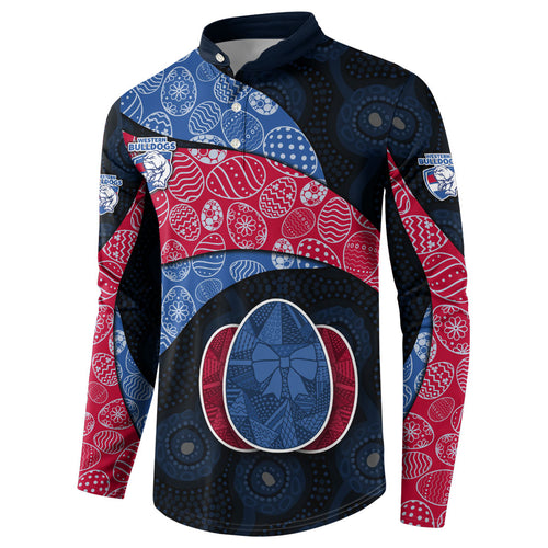 Personalized Western Bulldogs Football Button Sweatshirt Easter Egg Pattern Red Blue Tribal Dot Art Style