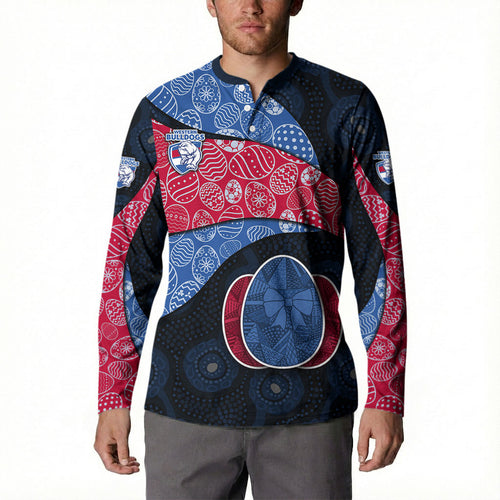 Personalized Western Bulldogs Football Button Sweatshirt Easter Egg Pattern Red Blue Tribal Dot Art Style