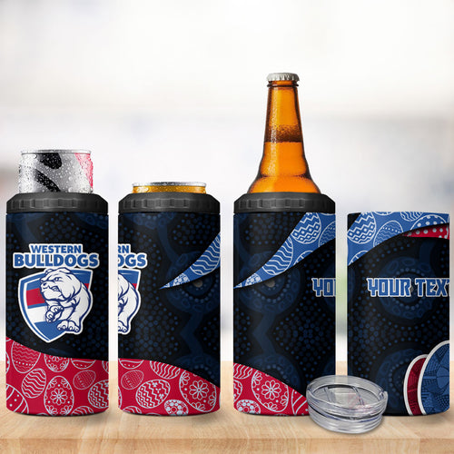 Personalized Western Bulldogs Football 4 in 1 Can Cooler Tumbler Easter Egg Pattern Red Blue Tribal Dot Art Style