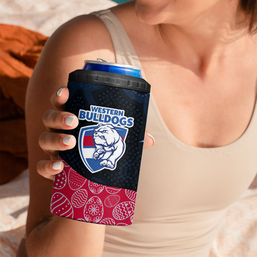 Personalized Western Bulldogs Football 4 in 1 Can Cooler Tumbler Easter Egg Pattern Red Blue Tribal Dot Art Style