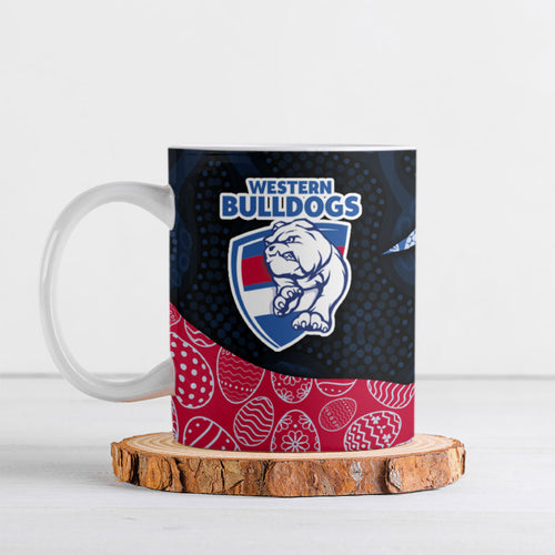 Personalized Western Bulldogs Football Ceramic Mug Easter Egg Pattern Red Blue Tribal Dot Art Style