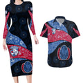 Personalized Western Bulldogs Football Couples Matching Long Sleeve Bodycon Dress and Hawaiian Shirt Easter Egg Pattern Red Blue Tribal Dot Art Style