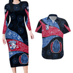 Personalized Western Bulldogs Football Couples Matching Long Sleeve Bodycon Dress and Hawaiian Shirt Easter Egg Pattern Red Blue Tribal Dot Art Style