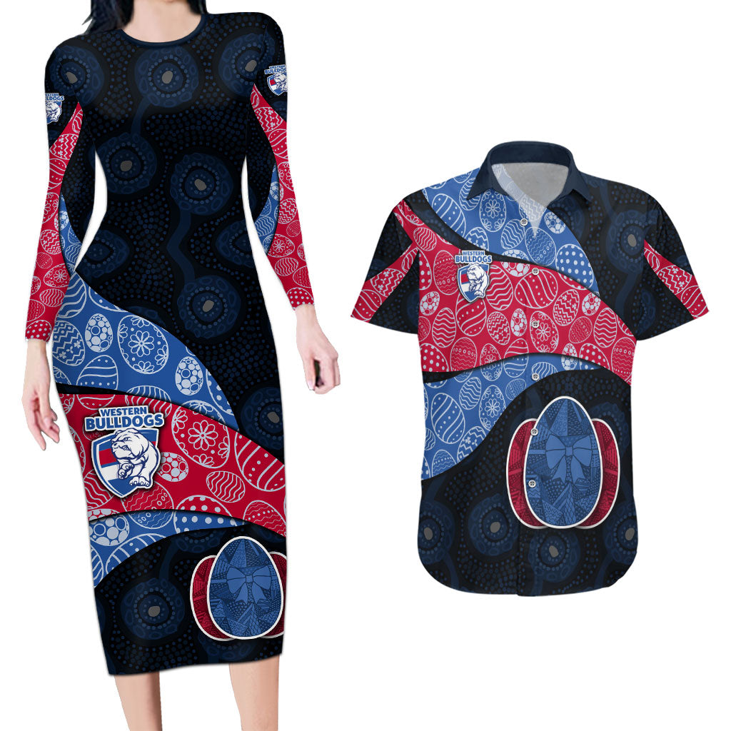Personalized Western Bulldogs Football Couples Matching Long Sleeve Bodycon Dress and Hawaiian Shirt Easter Egg Pattern Red Blue Tribal Dot Art Style