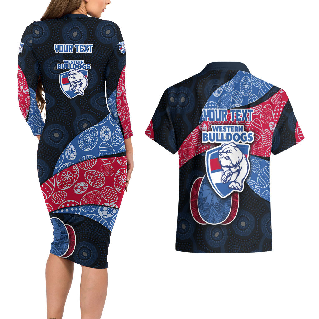 Personalized Western Bulldogs Football Couples Matching Long Sleeve Bodycon Dress and Hawaiian Shirt Easter Egg Pattern Red Blue Tribal Dot Art Style