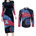 Personalized Western Bulldogs Football Couples Matching Long Sleeve Bodycon Dress and Long Sleeve Button Shirt Easter Egg Pattern Red Blue Tribal Dot Art Style